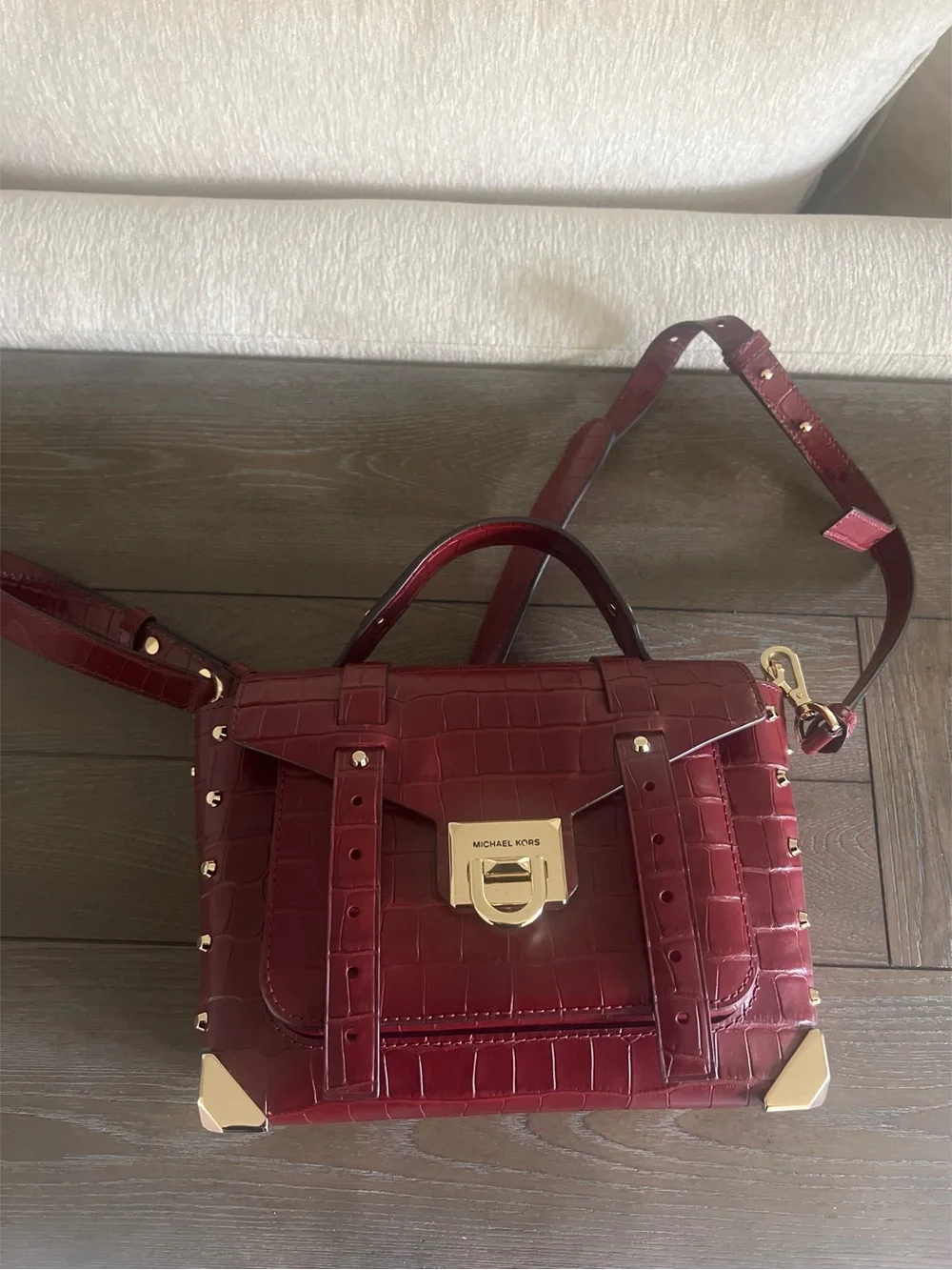 Michael Kors Burgundy Croc-Embossed Manhattan Satchel with Gold Hardware